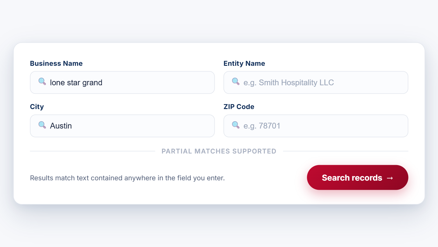 Search form with fields for business name, entity name, city, and ZIP code