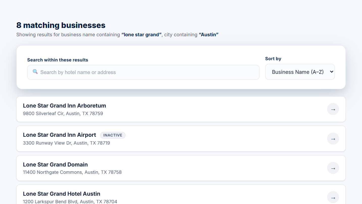 Search results for a sample hotel group in Austin, each with its street address and an Inactive tag where it has stopped filing